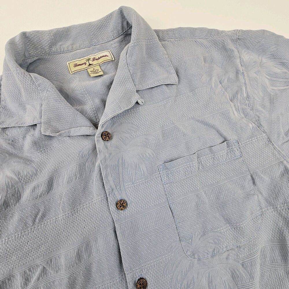 Tommy Bahama Mens S 100% Silk Shirt Blue Jacquard Palm Hawaiian Camp Aloha